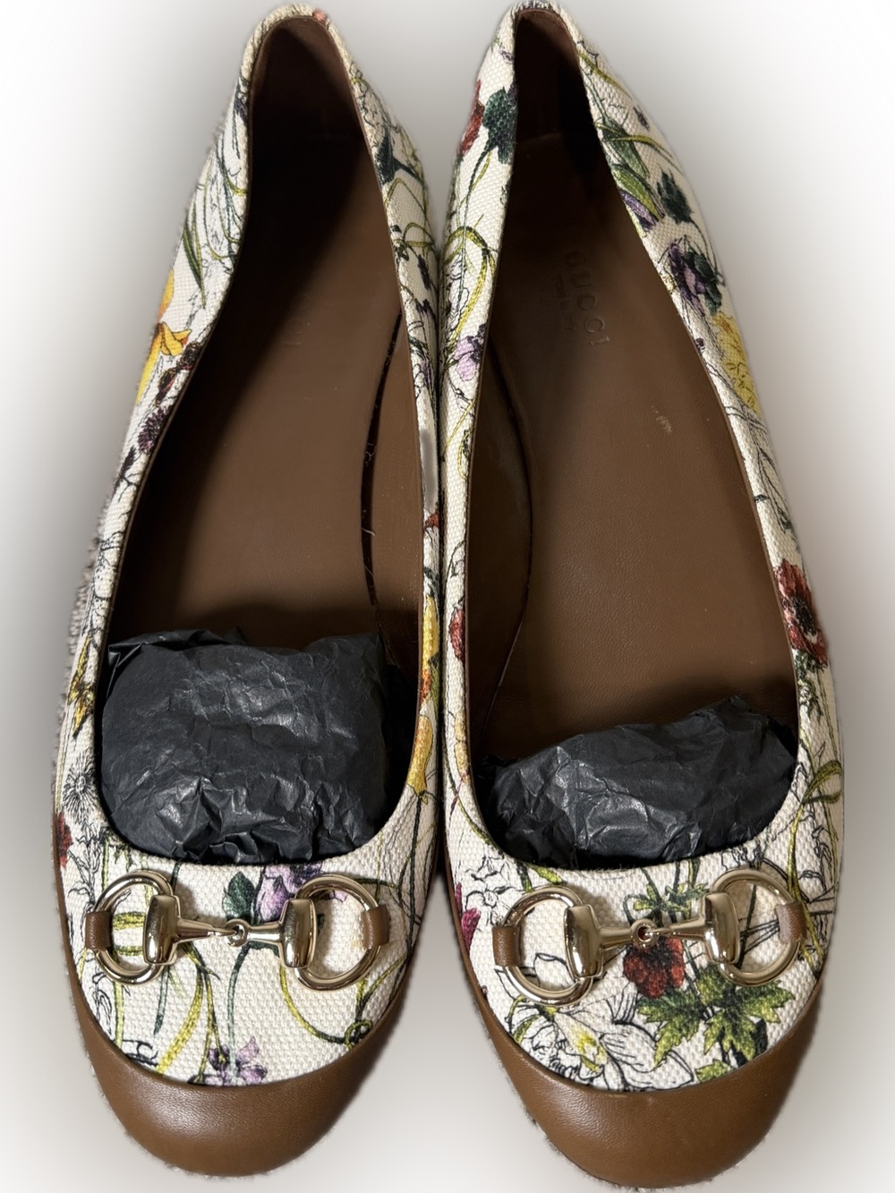 Gucci Flora Canvas Horsebit Ballet Flats White & Brown